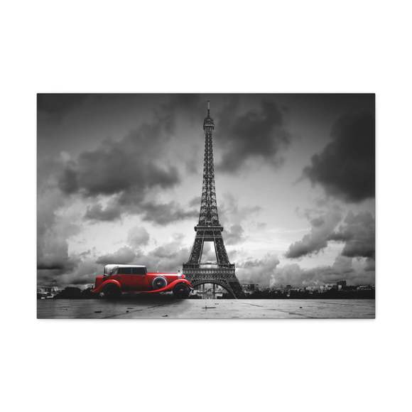 Eiffel Tower And Red Retro Car France Canvas Artwork Breathtaking French City f